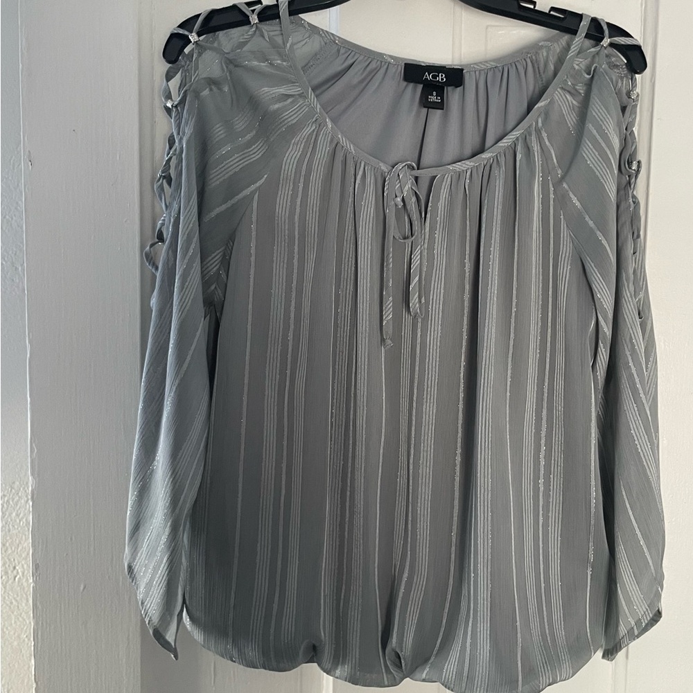 AGB Women's Silver Blouse with Tie Detail
